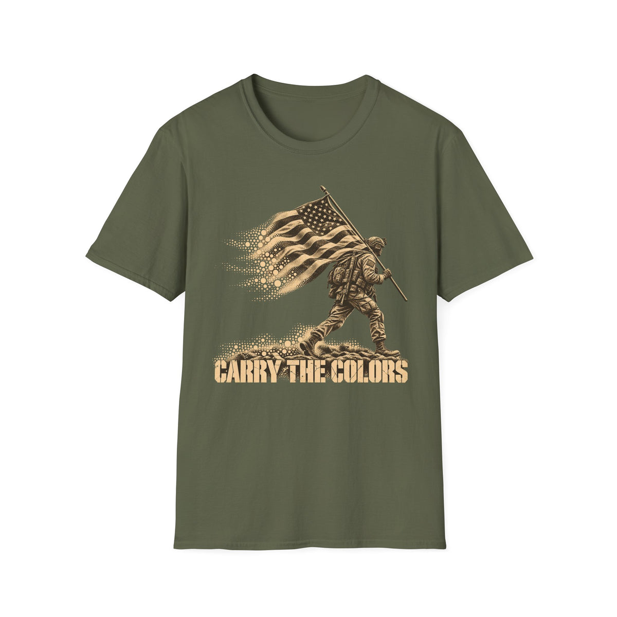 Military green t-shirt with gold soldier carrying flag graphic and “CARRY THE COLORS” text