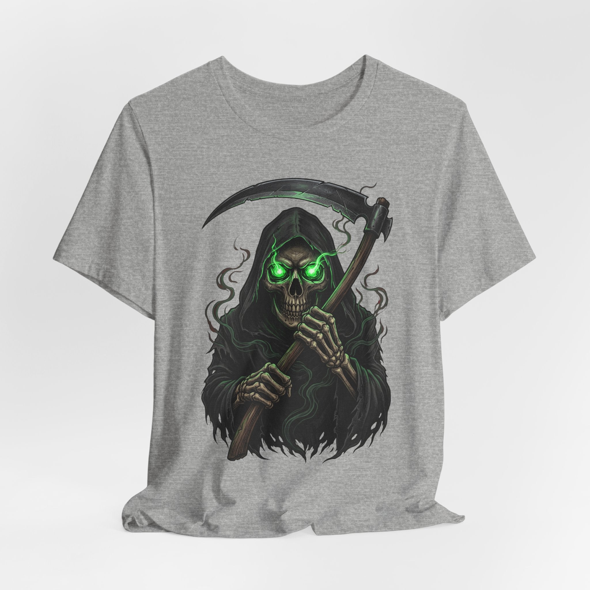 Heather gray t-shirt, Grim Reaper skull with scythe neon-green eyes