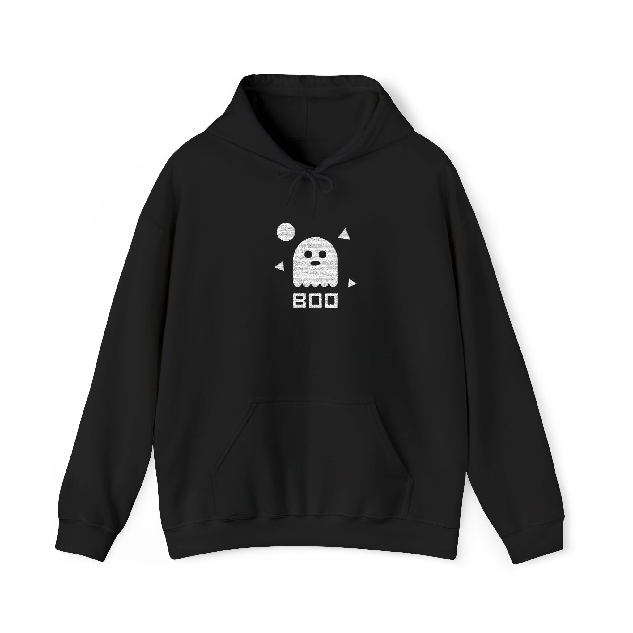 Black hoodie with white ghost graphic and BOO text, front pocket and hood.