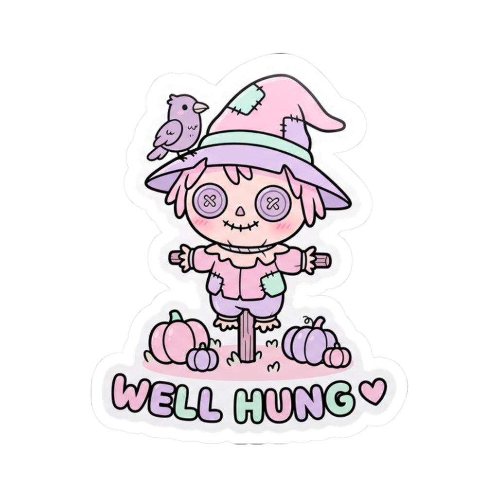 Pastel scarecrow bunny sticker featuring “WELL HUNG” in pink lettering with a heart