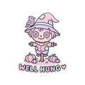 Pastel scarecrow bunny sticker featuring “WELL HUNG” in pink lettering with a heart