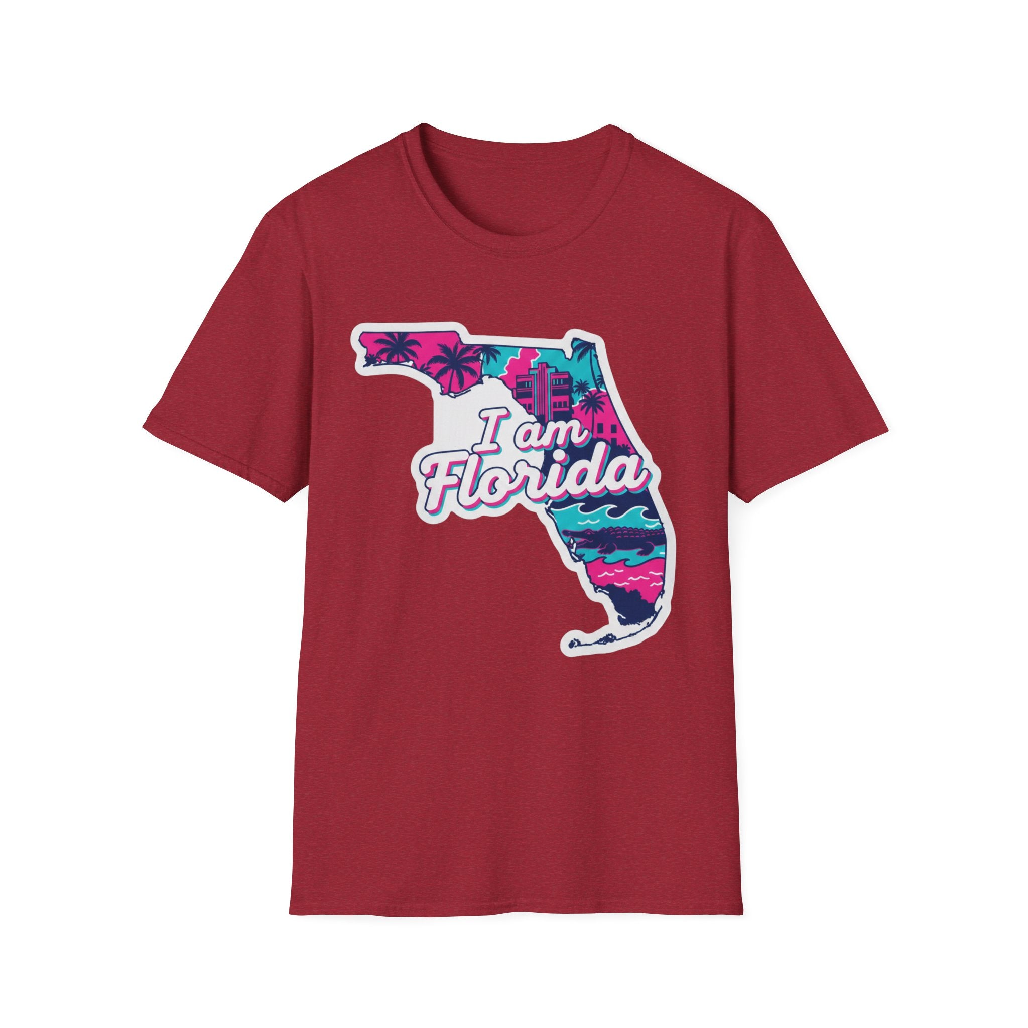 I am Florida map T-shirt in dark red, retro state map with 'I am Florida' print