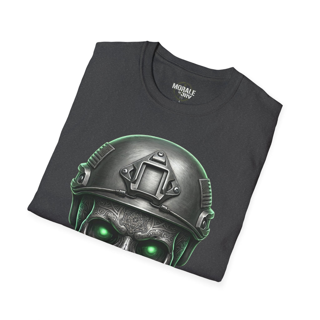 Black tactical skull T-shirt with helmet graphic and glowing green eyes