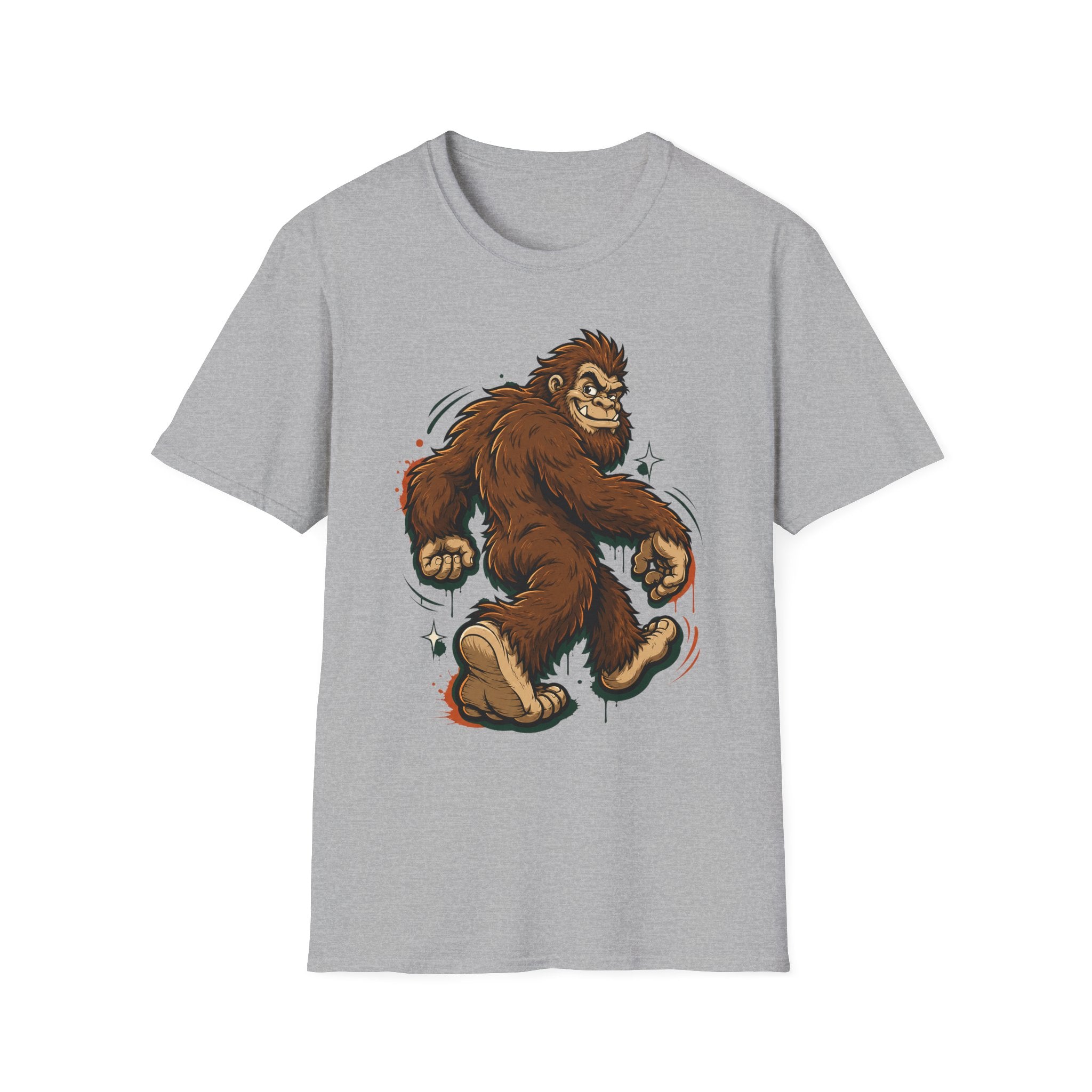 Light gray crewneck t-shirt with brown bigfoot cartoon graphic, front view