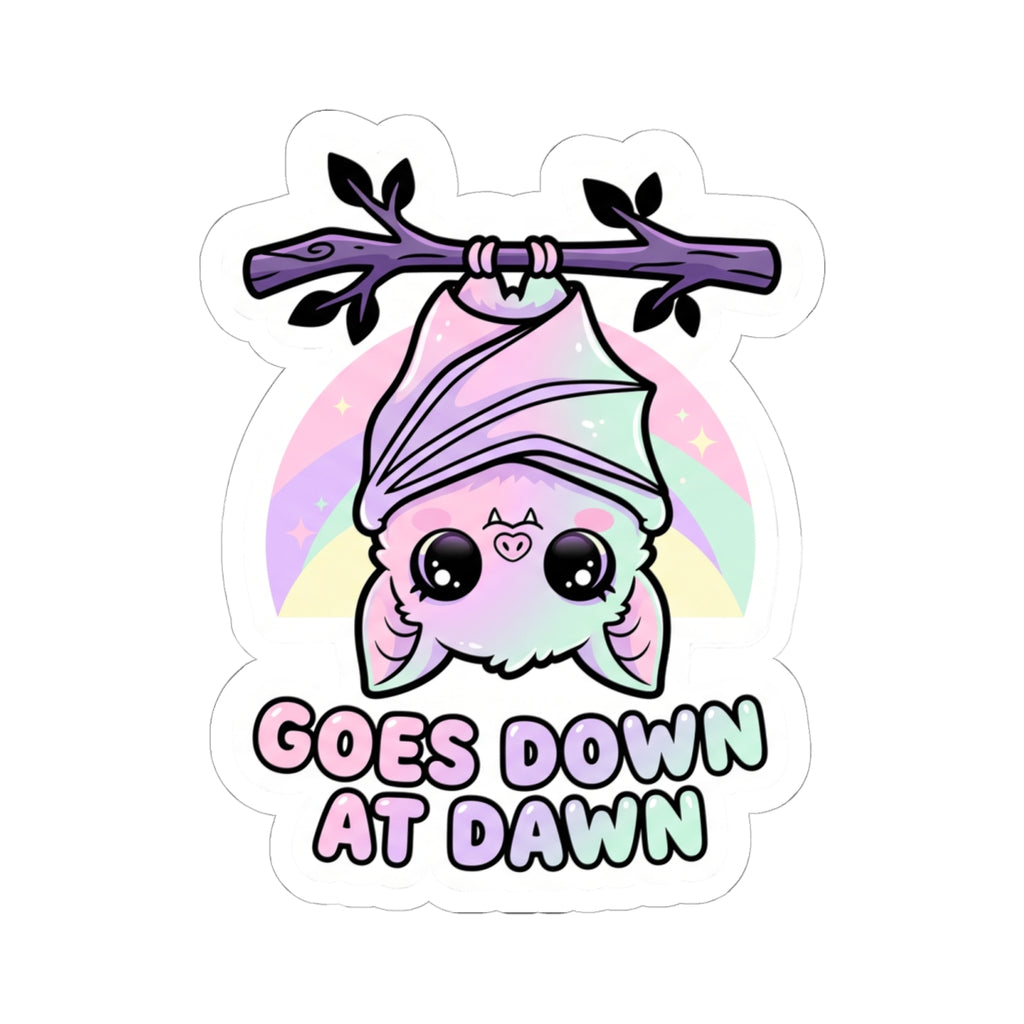 Kawaii kiss-cut vinyl sticker with purple bat character, pink hood, and "GOES DOWN AT DAWN" words