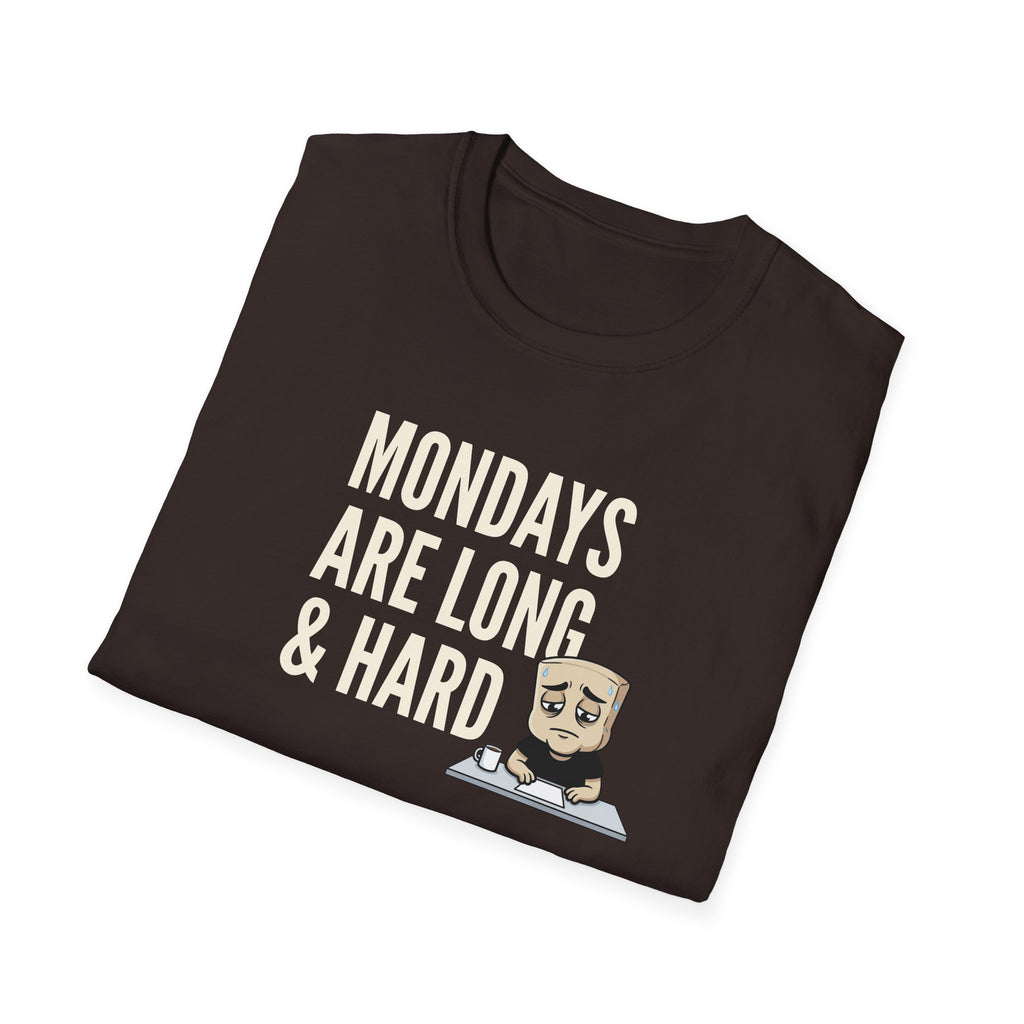 Dark brown T-shirt with “Mondays are long & hard” coffee mug graphic