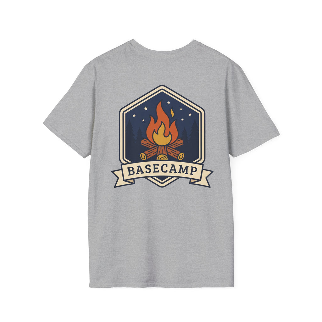 Light gray T-shirt with campfire badge graphic featuring a flame and star details