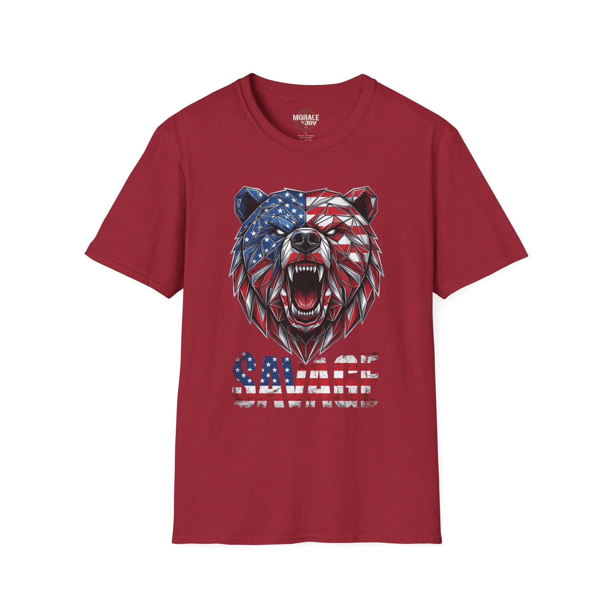 Antique Cherry Red graphic T-shirt with roaring geometric American flag bear head
