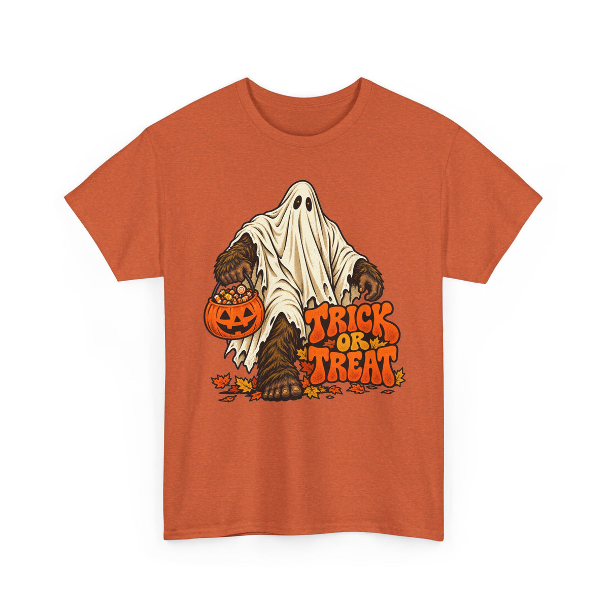 Orange crew neck T-shirt with Bigfoot ghost wearing a pumpkin bucket, “Tricks or Treats”