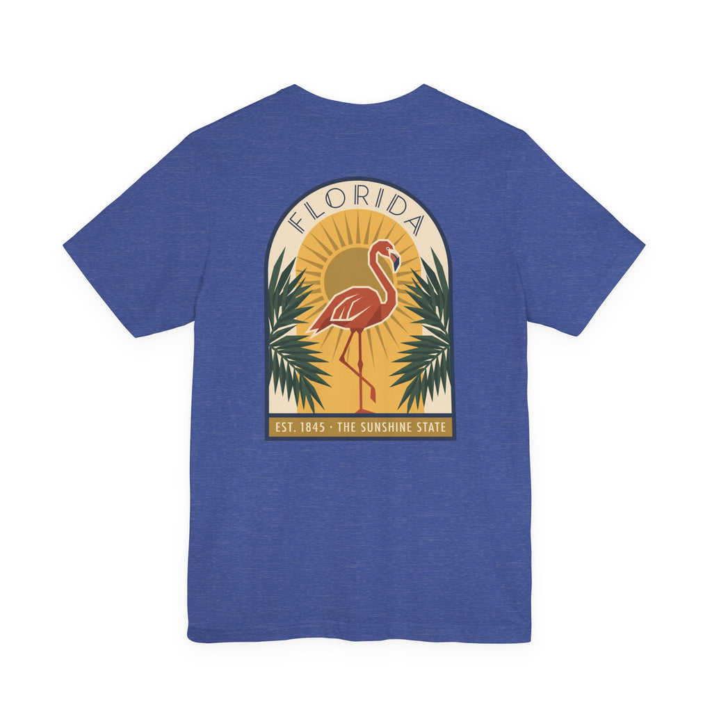 Heather blue flamingo art deco T-shirt with Florida badge and palm graphic