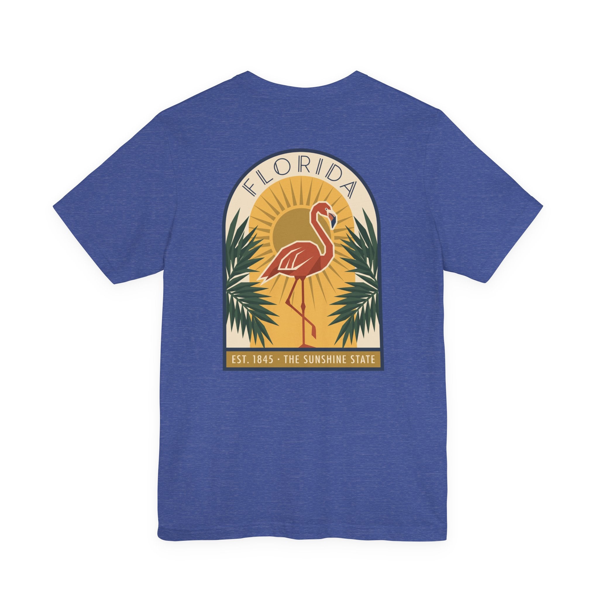 Heather blue flamingo art deco T-shirt with Florida badge and palm graphic