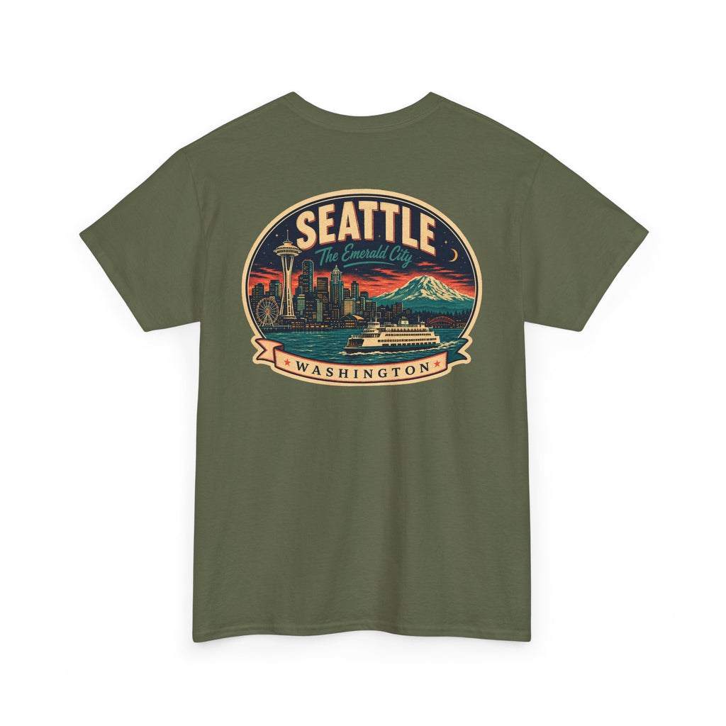 Military green Seattle logo T-shirt with retro skyline badge graphic