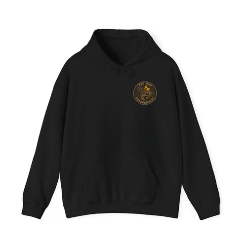 Black heavy hoodie with hood, drawstring, and small circular chest logo