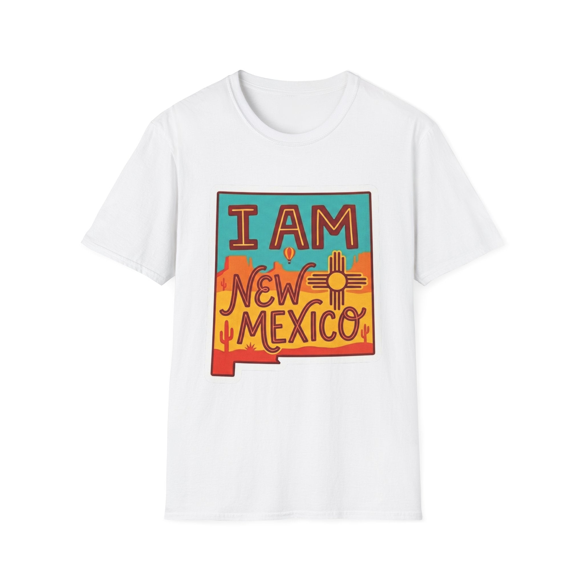 White T-shirt with “I AM New Mexico” state pride graphic on the chest