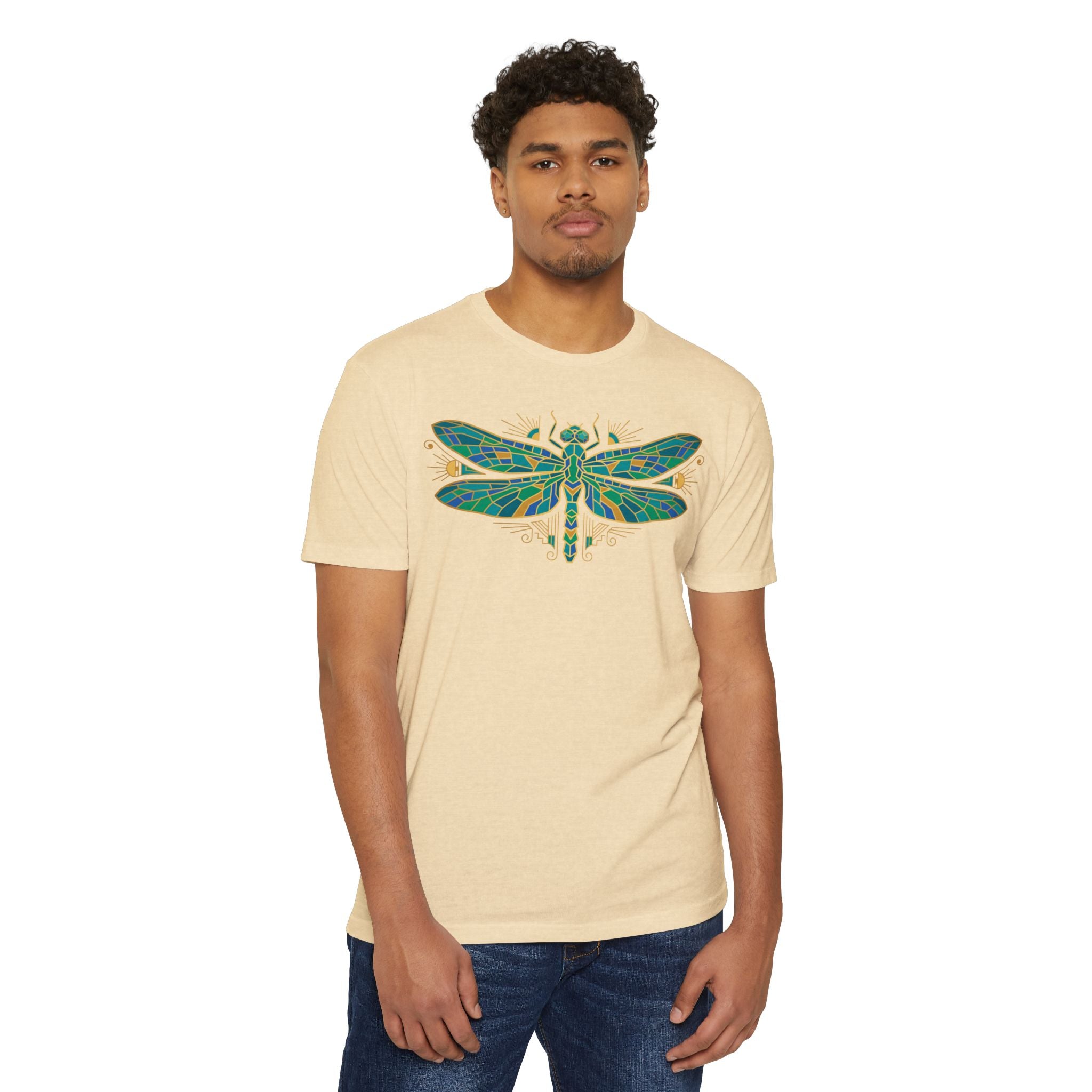 Cream dragonfly mosaic graphic T-shirt, short-sleeve crewneck