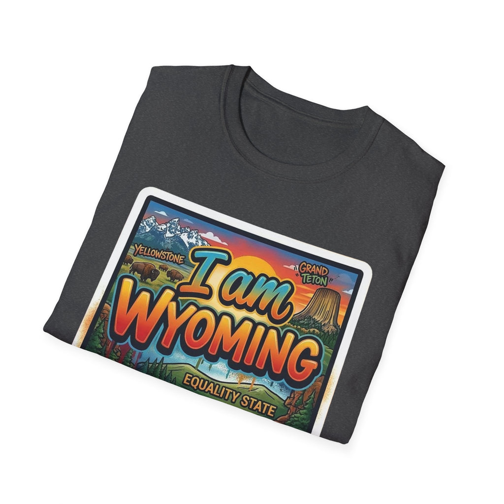 Heather grey T-shirt with “I am Wyoming” colorful postcard design