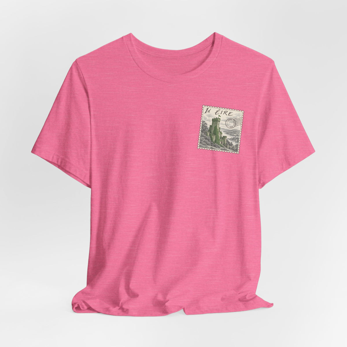 Pink short-sleeve t-shirt featuring a vintage postage stamp-style chest graphic