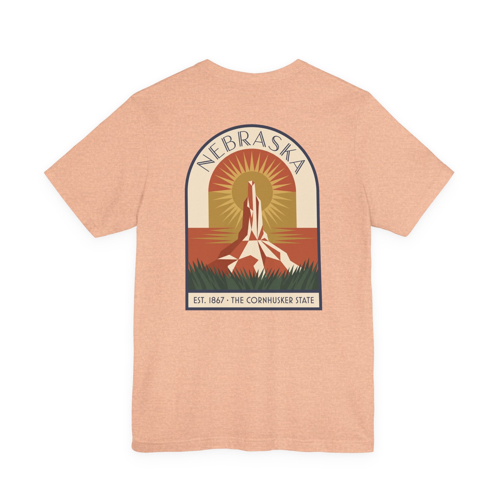 Nebraska art deco T-shirt, peach with Cornhusker sunrise graphic
