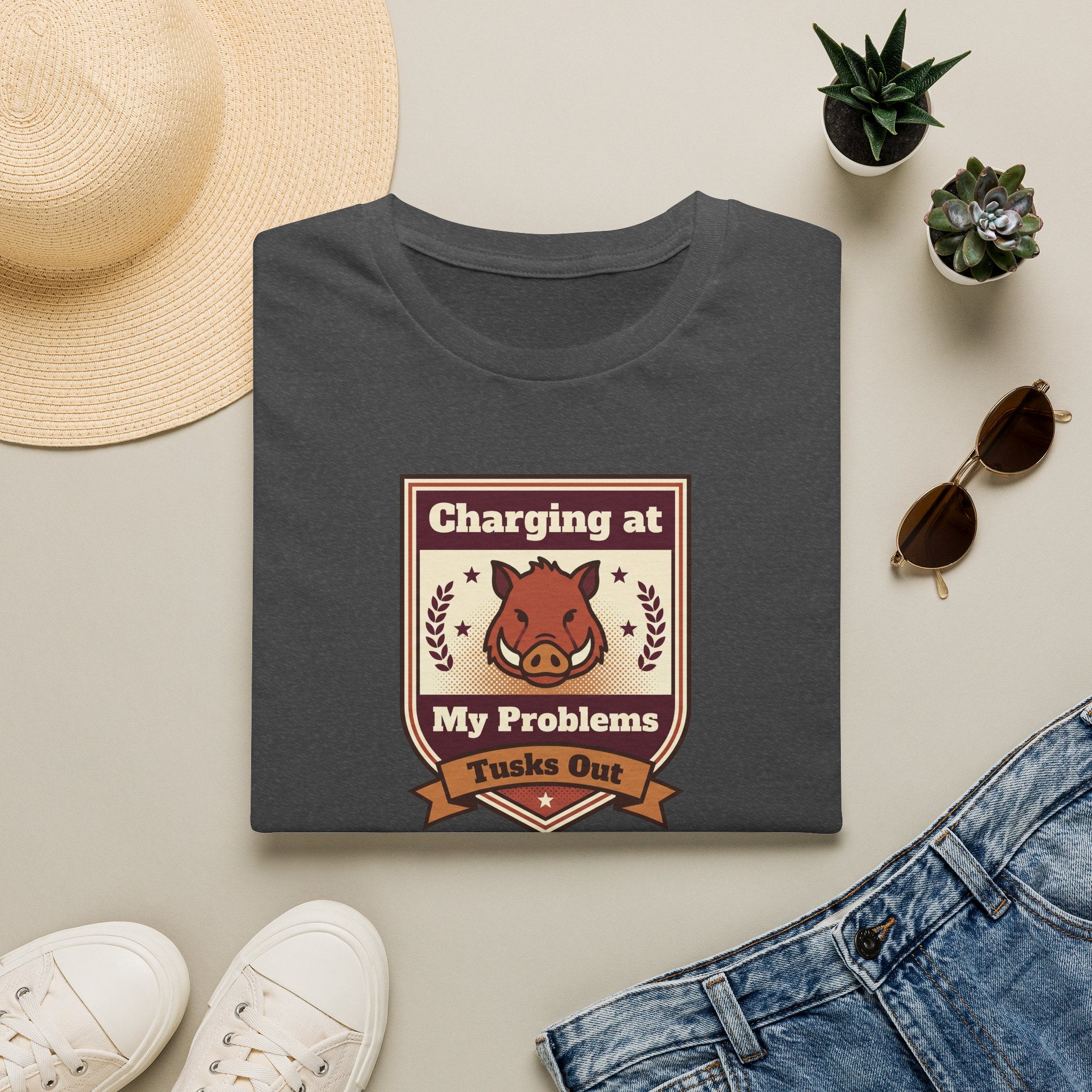 Dark gray crew-neck T-shirt with charging wild boar crest graphic
