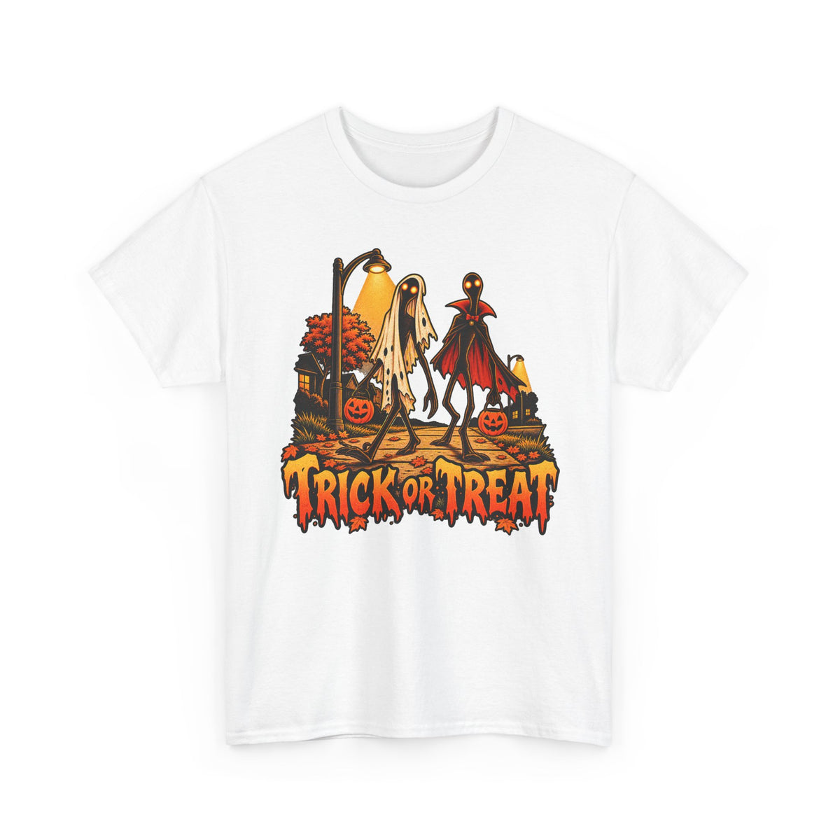 White Halloween T-shirt with ghost, vampire and 'Trick or Treat' front graphic