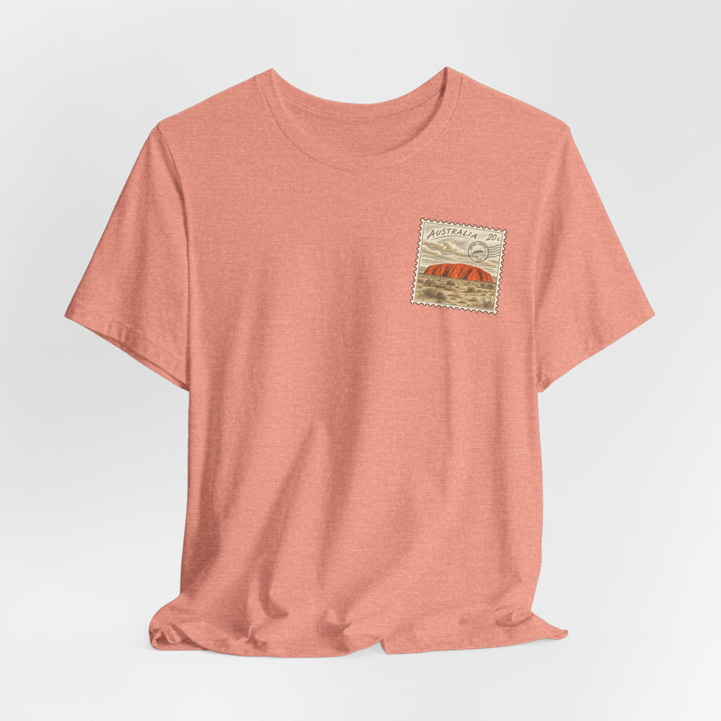 Rust red short-sleeve T-shirt with small Australia postage-stamp graphic on chest