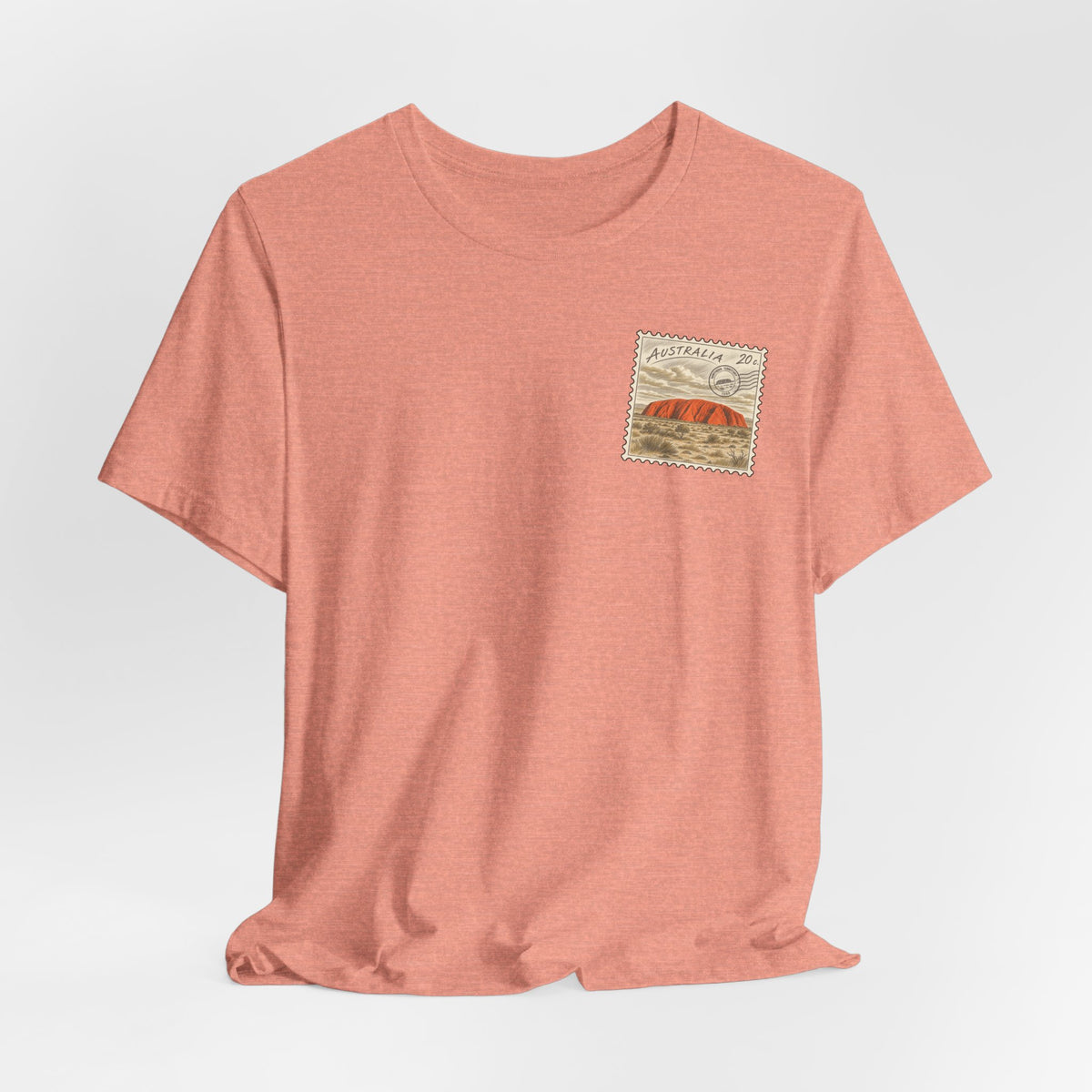 Rust red short-sleeve T-shirt with small Australia postage-stamp graphic on chest