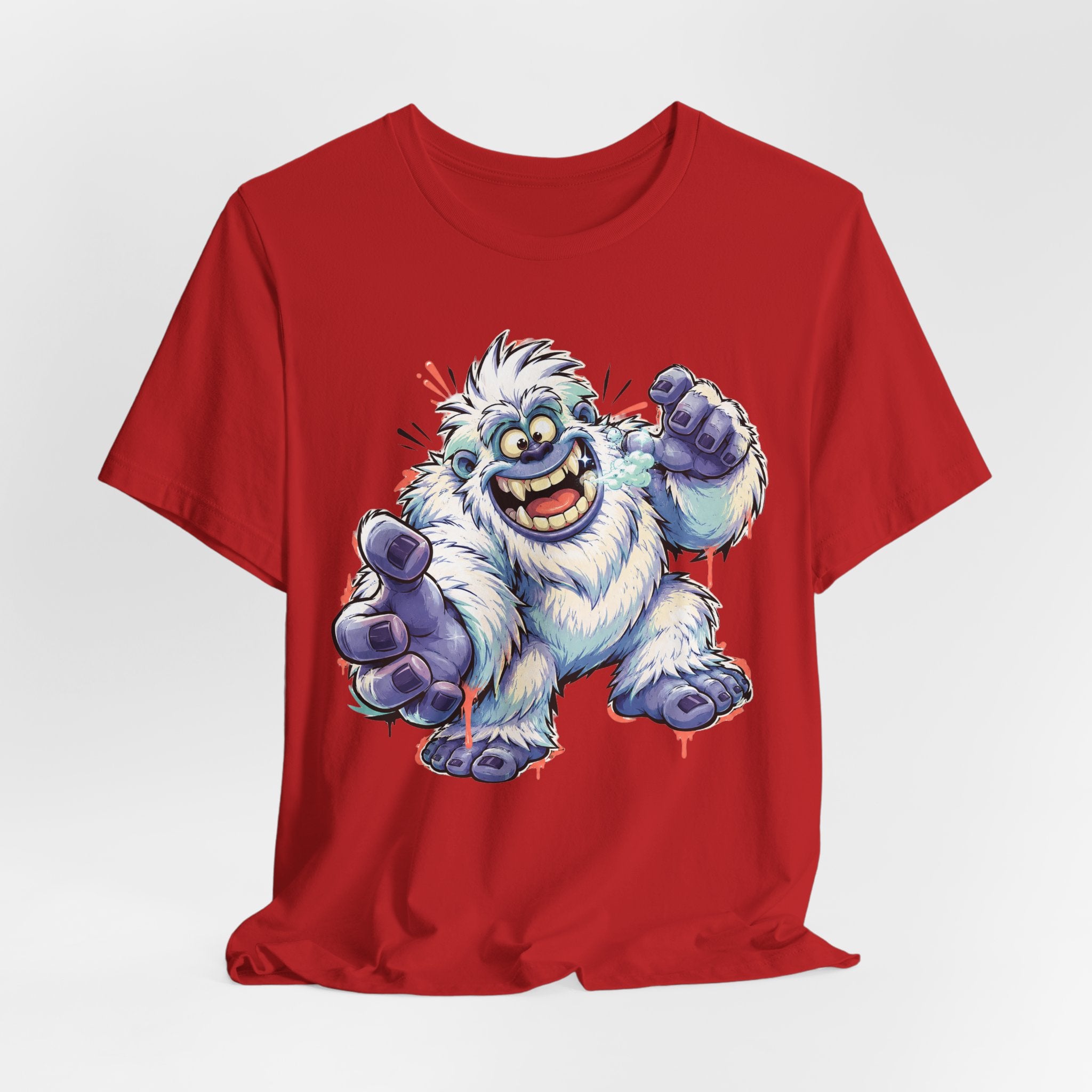 Red crewneck T-shirt with cartoon snow monster illustration and blue raised hands