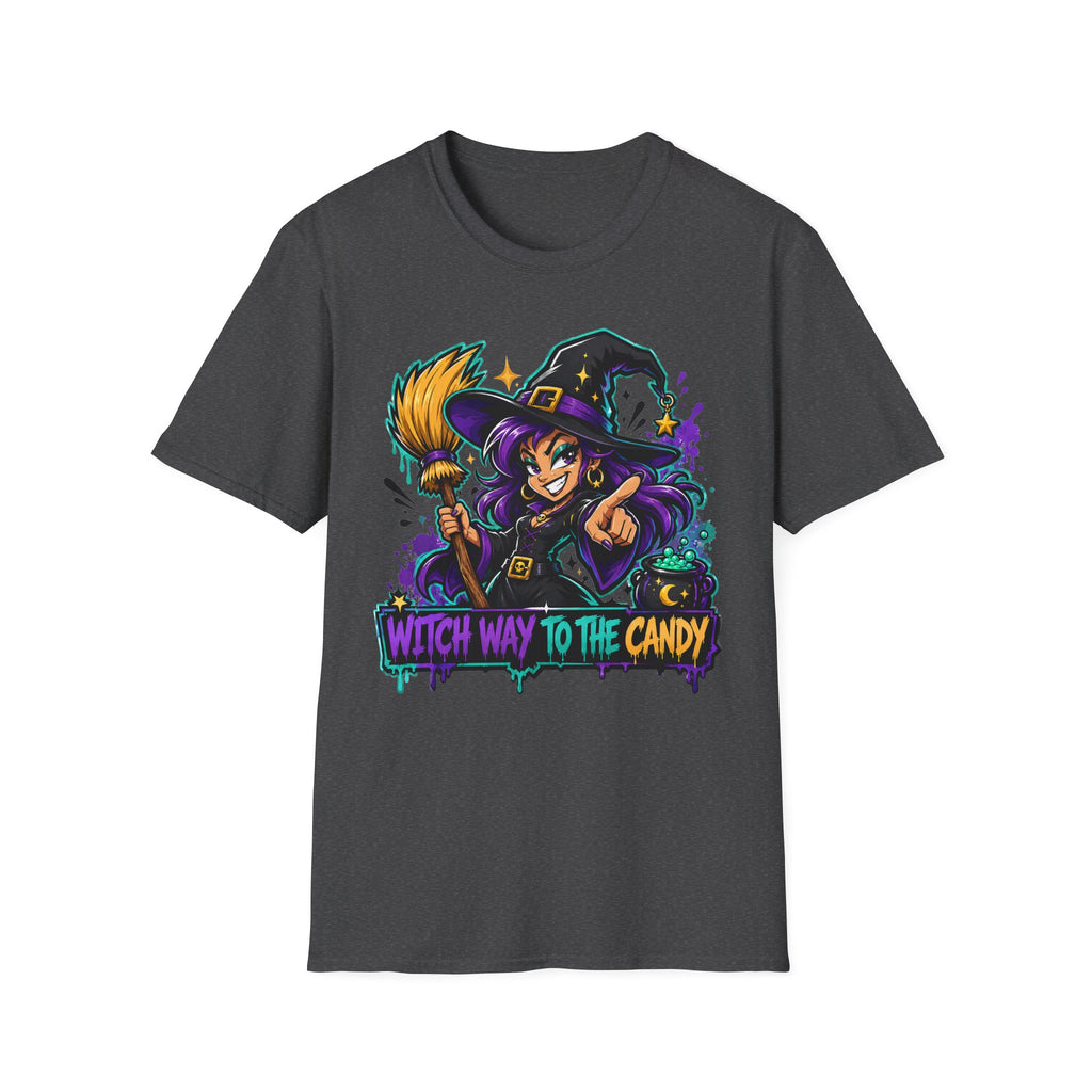 Dark gray crewneck T-shirt with witch holding candy graphic.