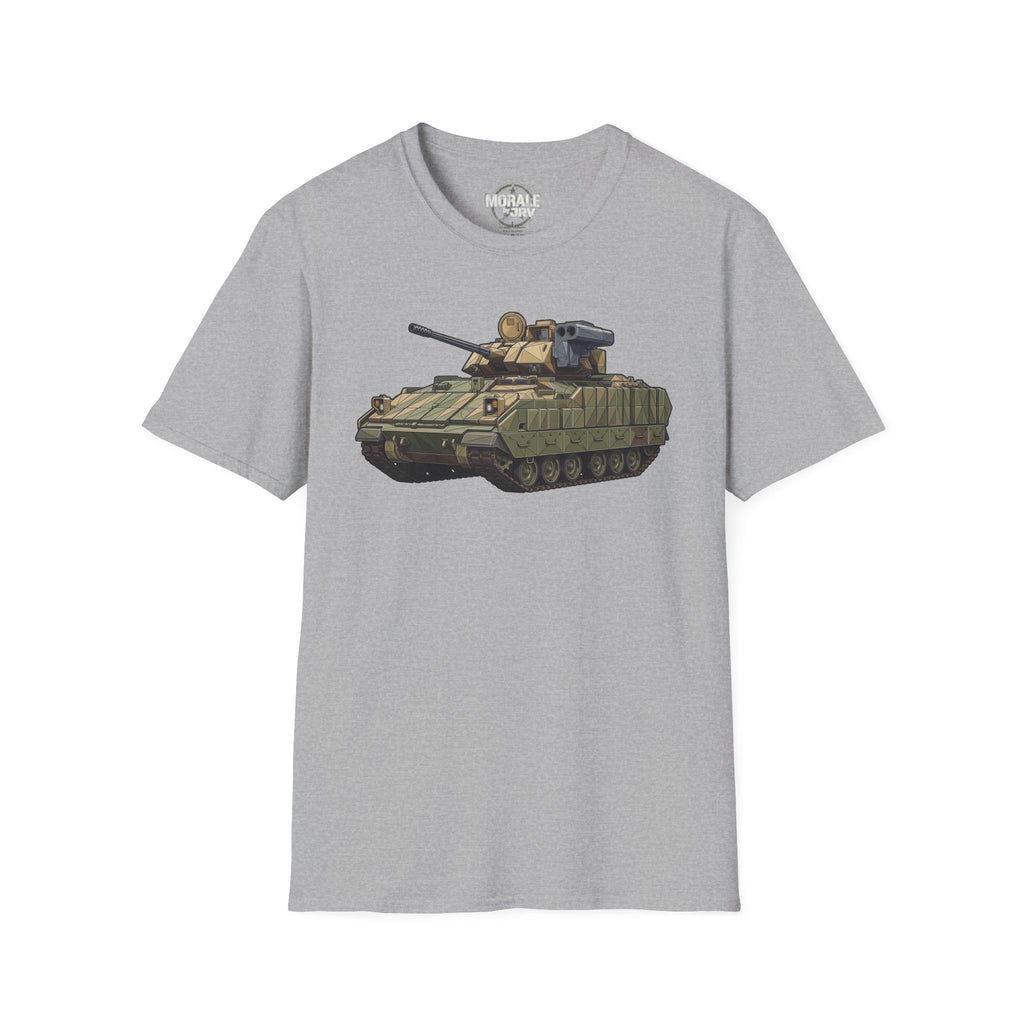 Light gray tank T-shirt with olive armored vehicle graphic on front