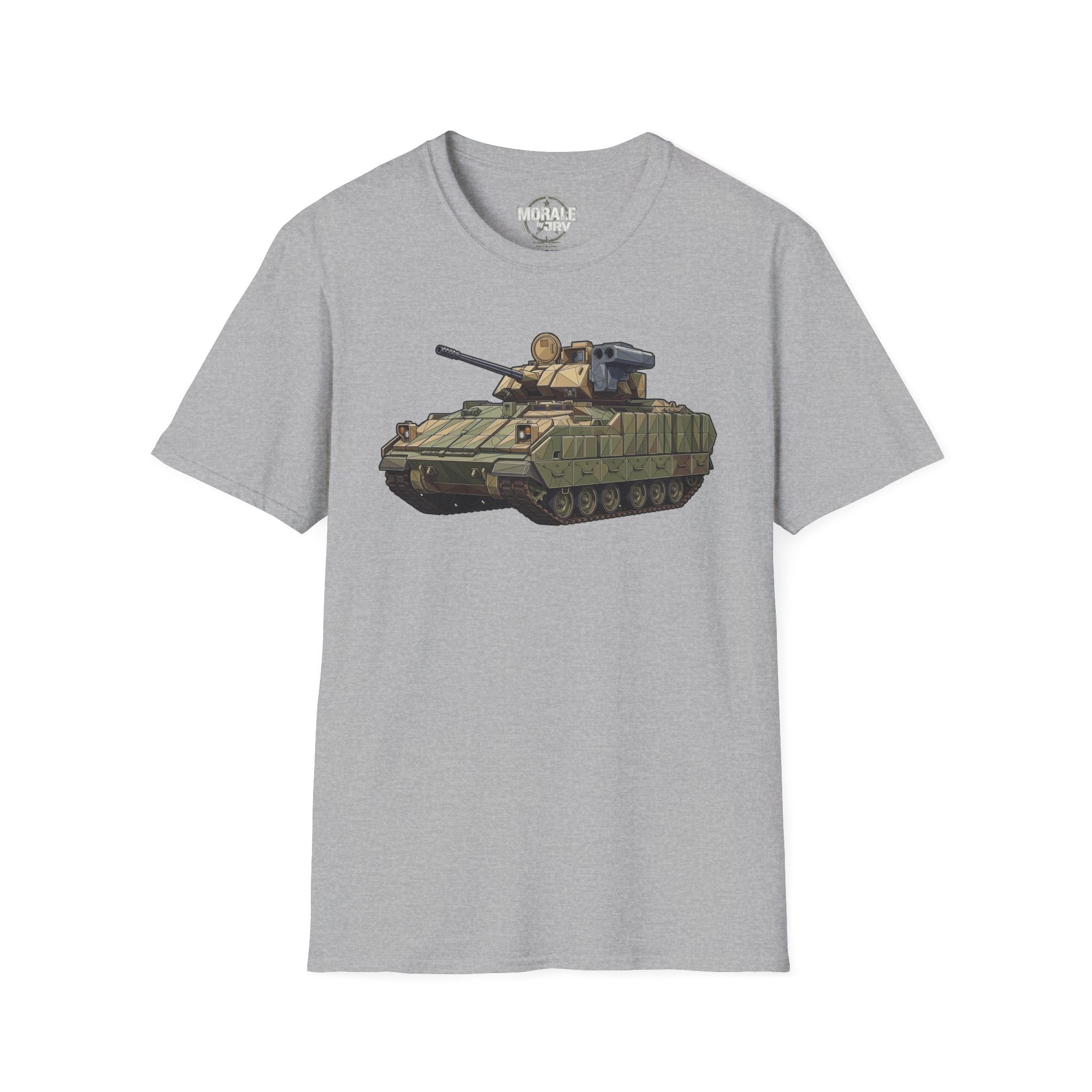 Light gray tank T-shirt with olive armored vehicle graphic on front
