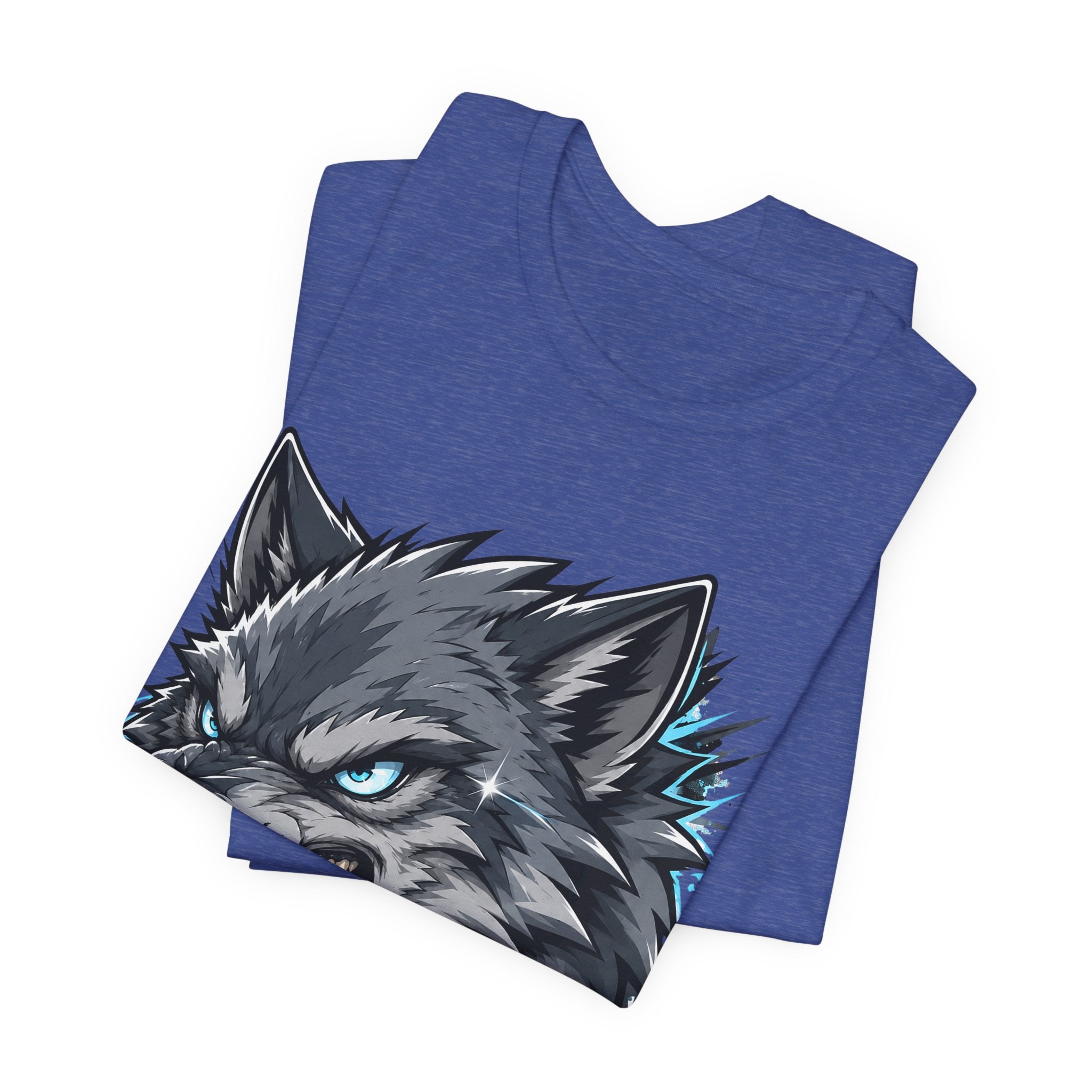 Royal blue t-shirt with snarling wolf head graphic on front, crew neck.