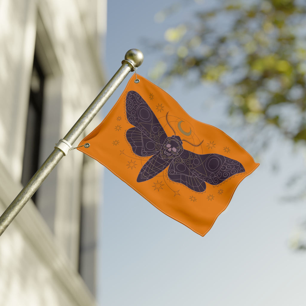 Orange moth skull flag on pole with purple wing design and small star symbols.