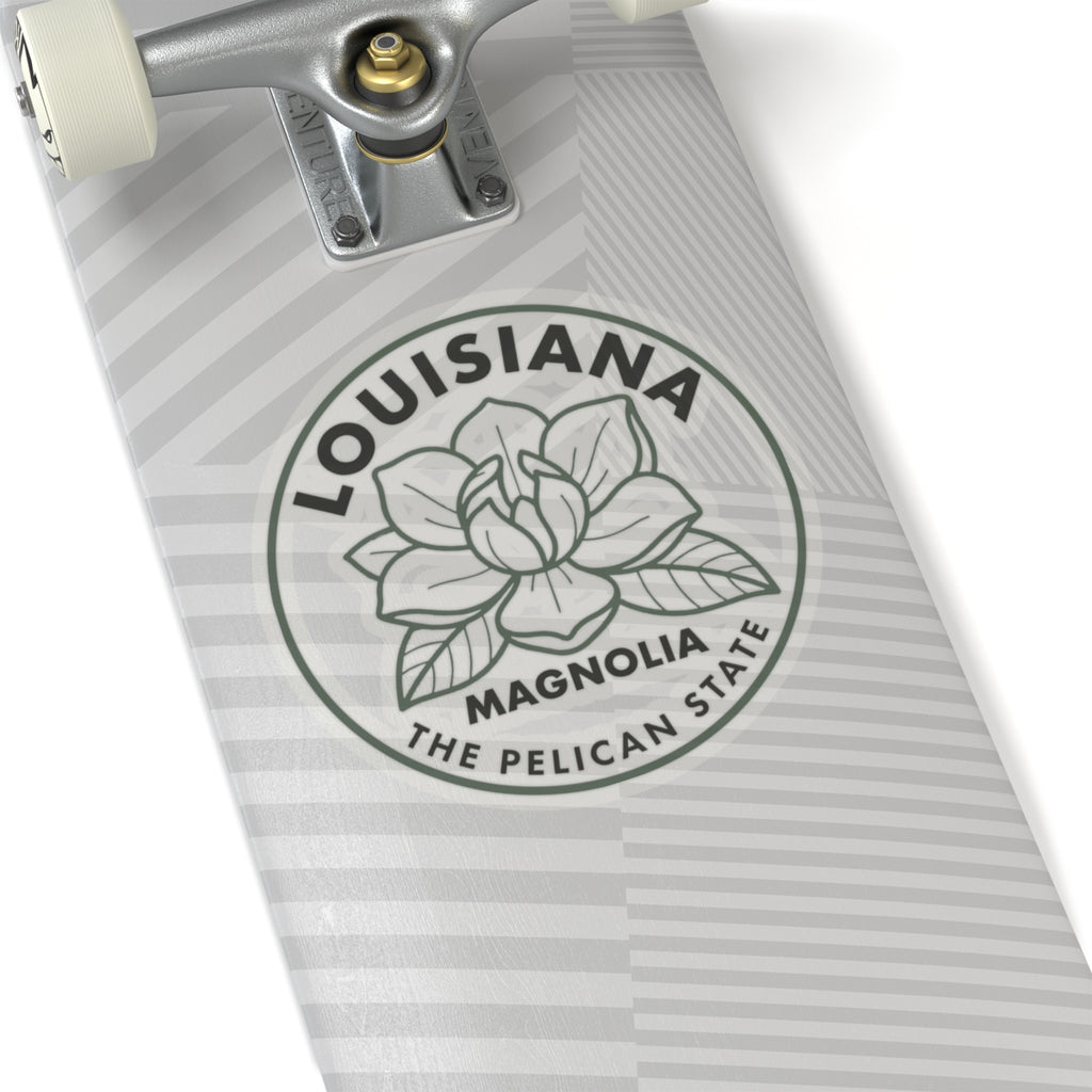 Transparent vinyl sticker with circular Louisiana magnolia floral seal design