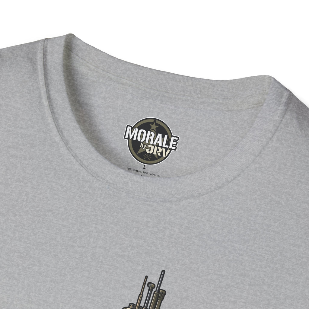 Light gray T-shirt with circular “Morale by DRV” logo at the neckline
