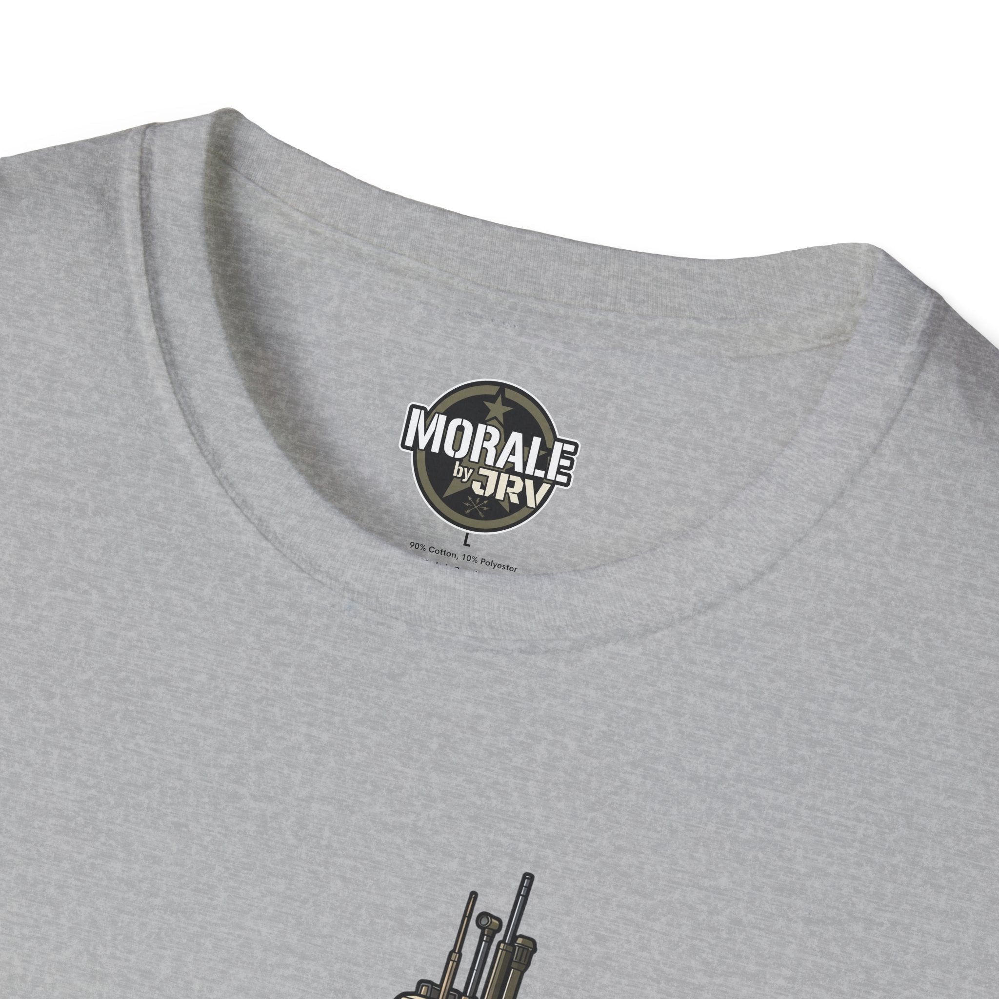 Light gray T-shirt with circular “Morale by DRV” logo at the neckline