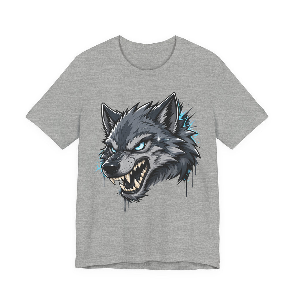 Medium gray T-shirt with snarling wolf head graphic, blue-green highlights and drips.