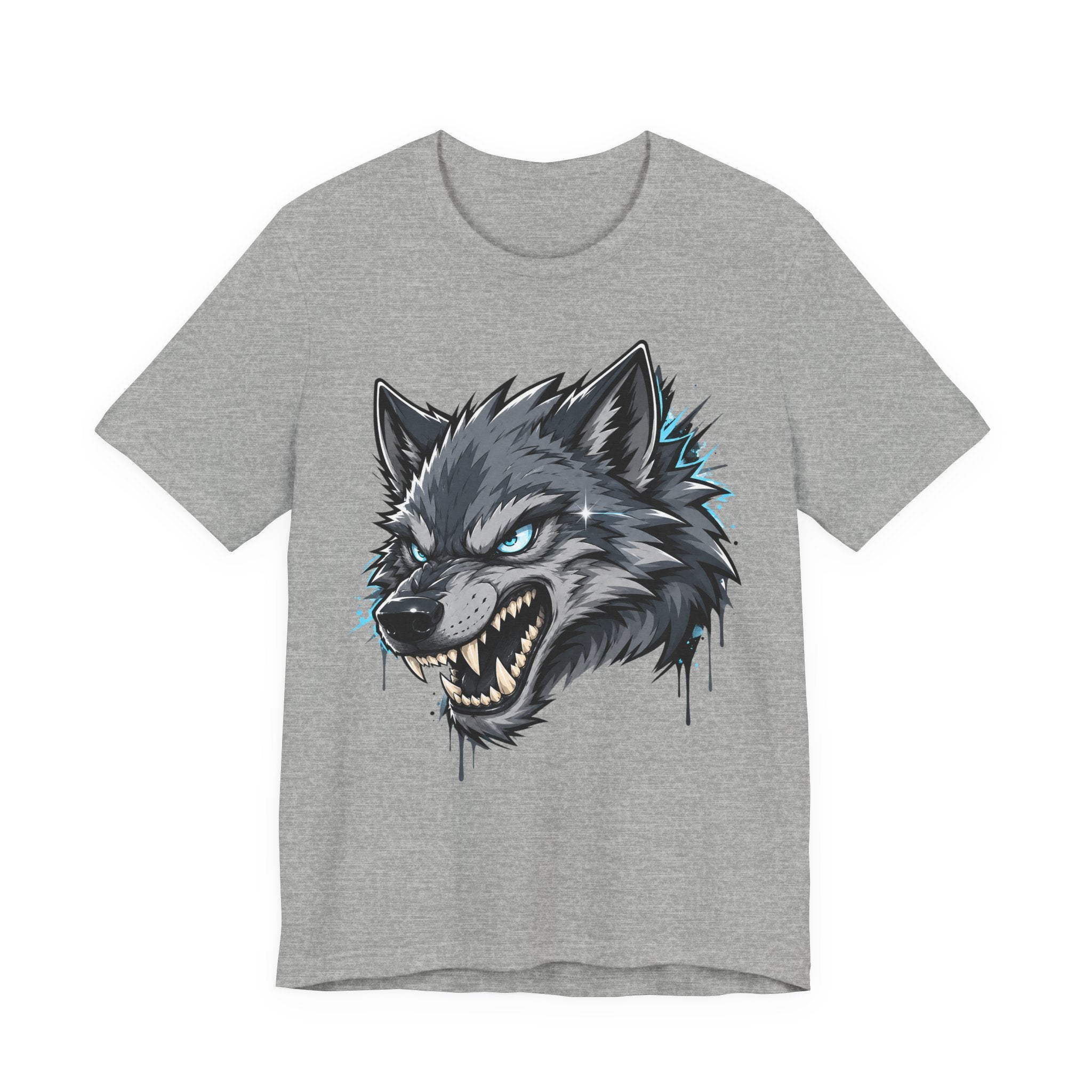 Medium gray T-shirt with snarling wolf head graphic, blue-green highlights and drips.