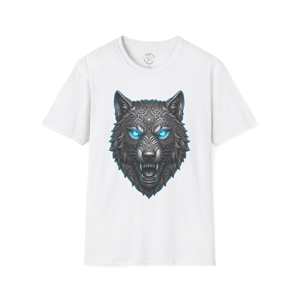 White T-shirt with glowing blue-eyed wolf head graphic, fierce snarling design