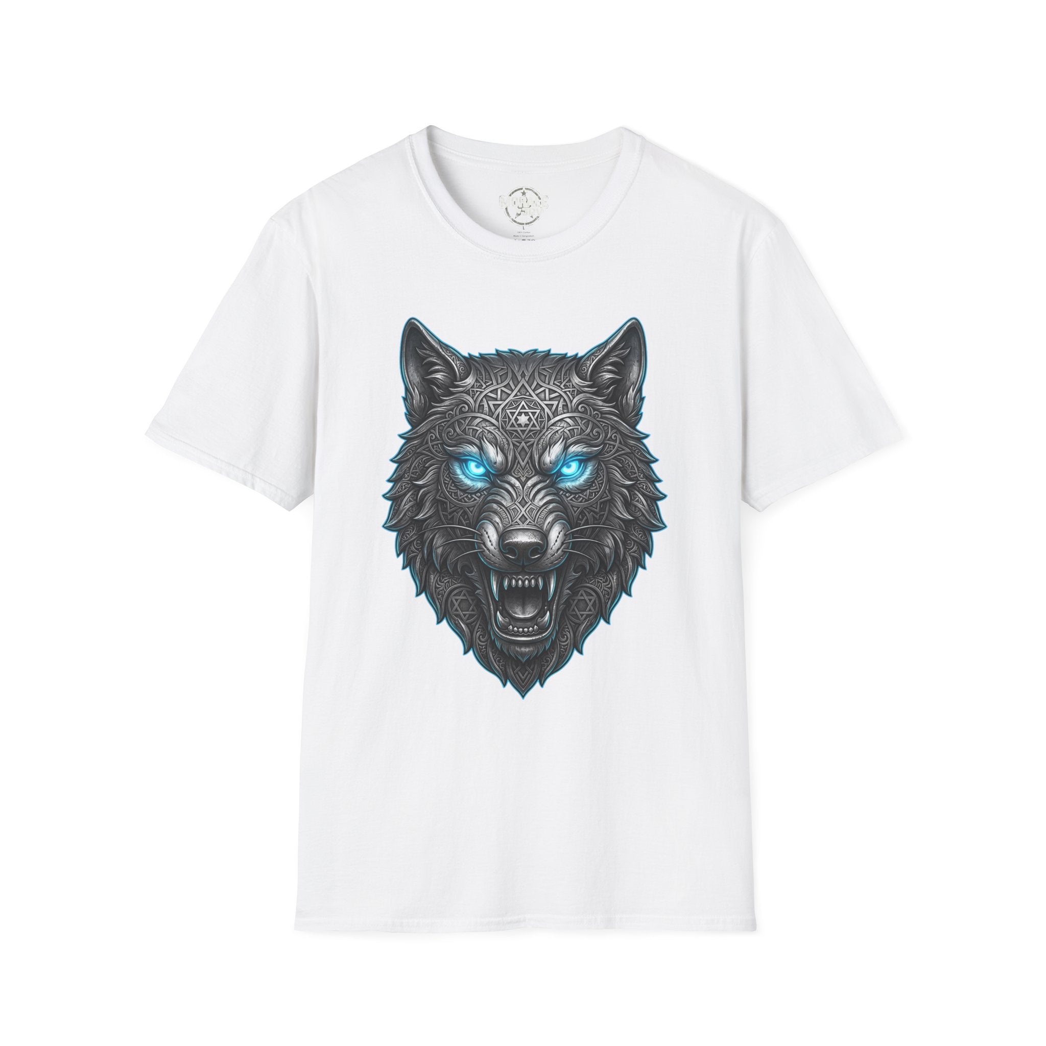 White T-shirt with glowing blue-eyed wolf head graphic, fierce snarling design
