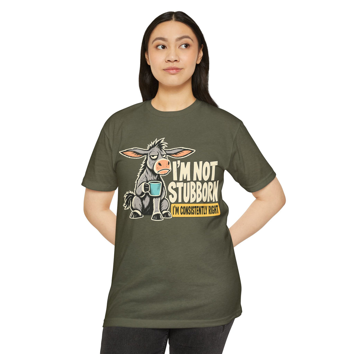 Olive green graphic T-shirt with donkey cartoon and sarcastic wording on front