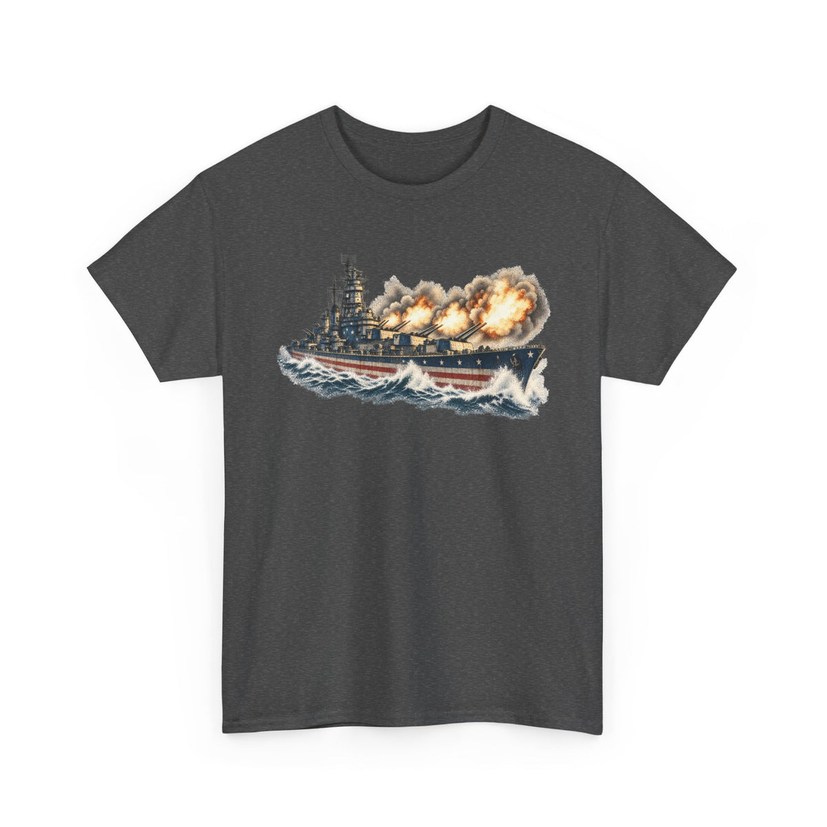 Dark gray crew-neck T-shirt with battleship firing broadside graphic across chest