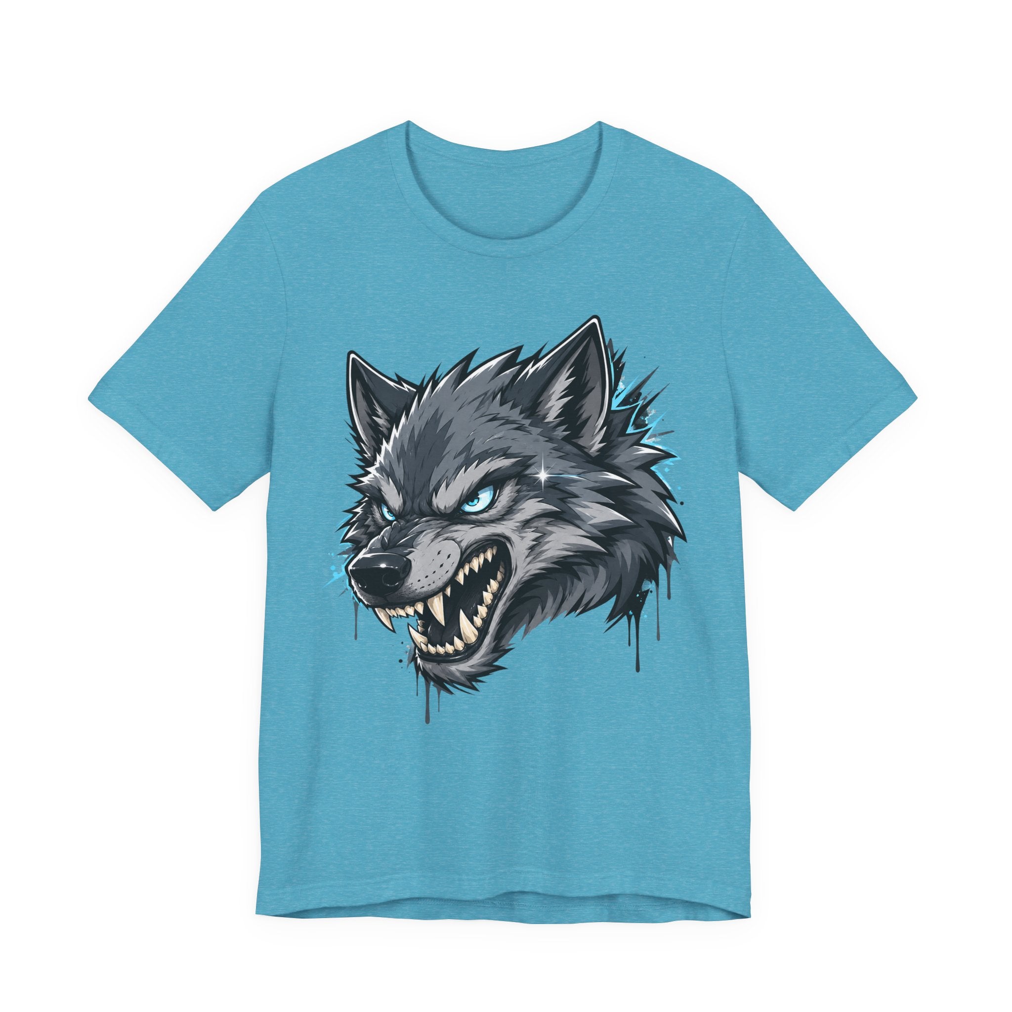 Teal T-shirt with snarling wolf head graphic, blue-green highlights and dripping ink.