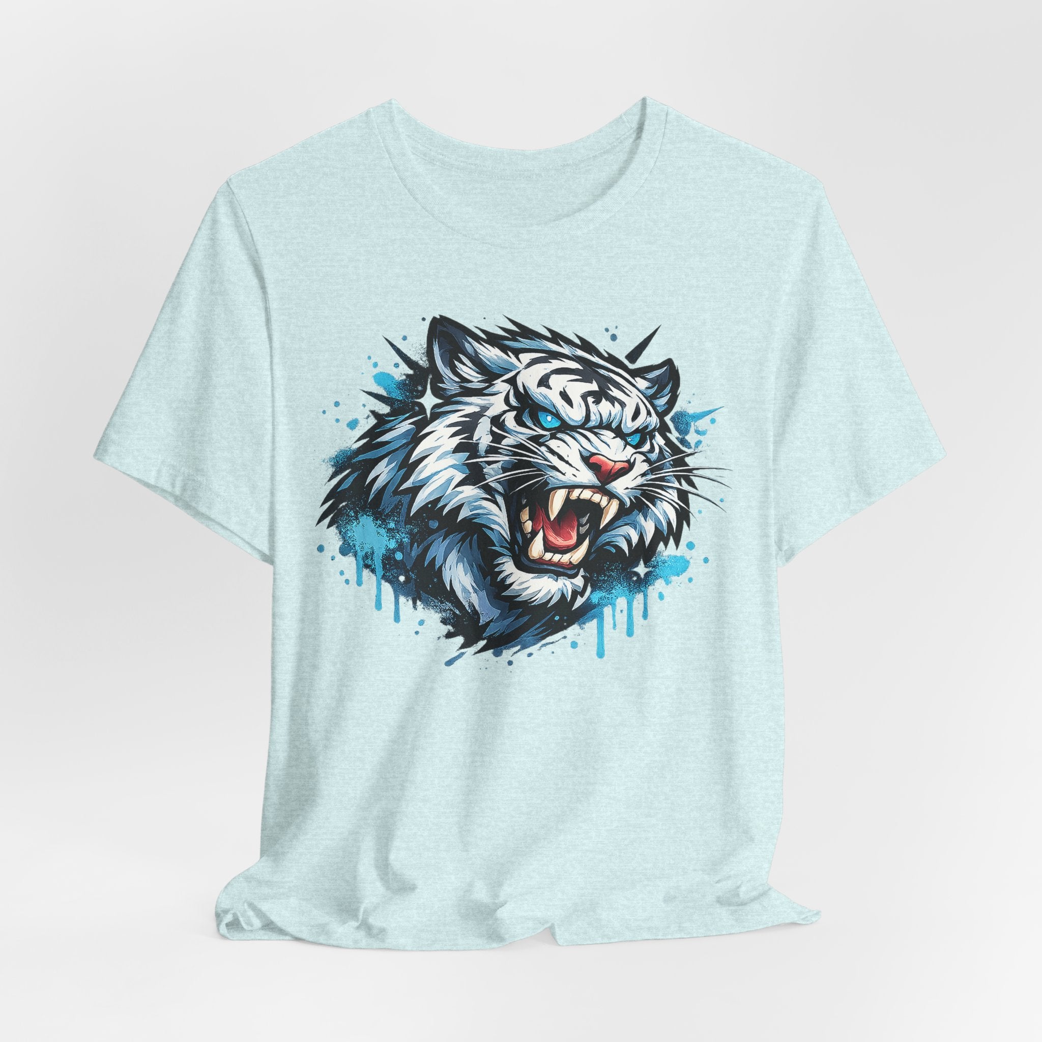 Light blue unisex t-shirt featuring roaring tiger face art with blue drip splatters