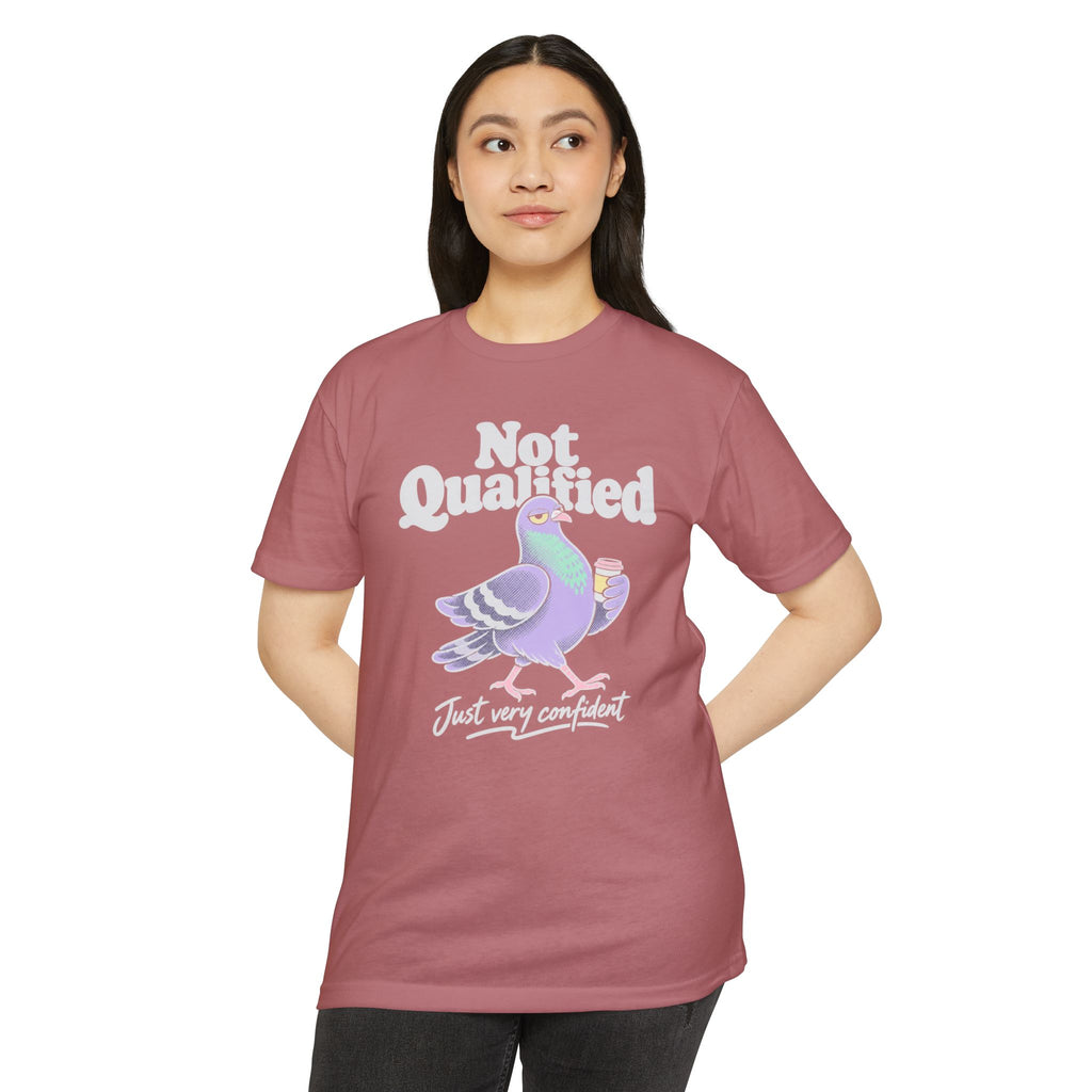 Maroon crew-neck T-shirt with "Not Qualified" pigeon graphic