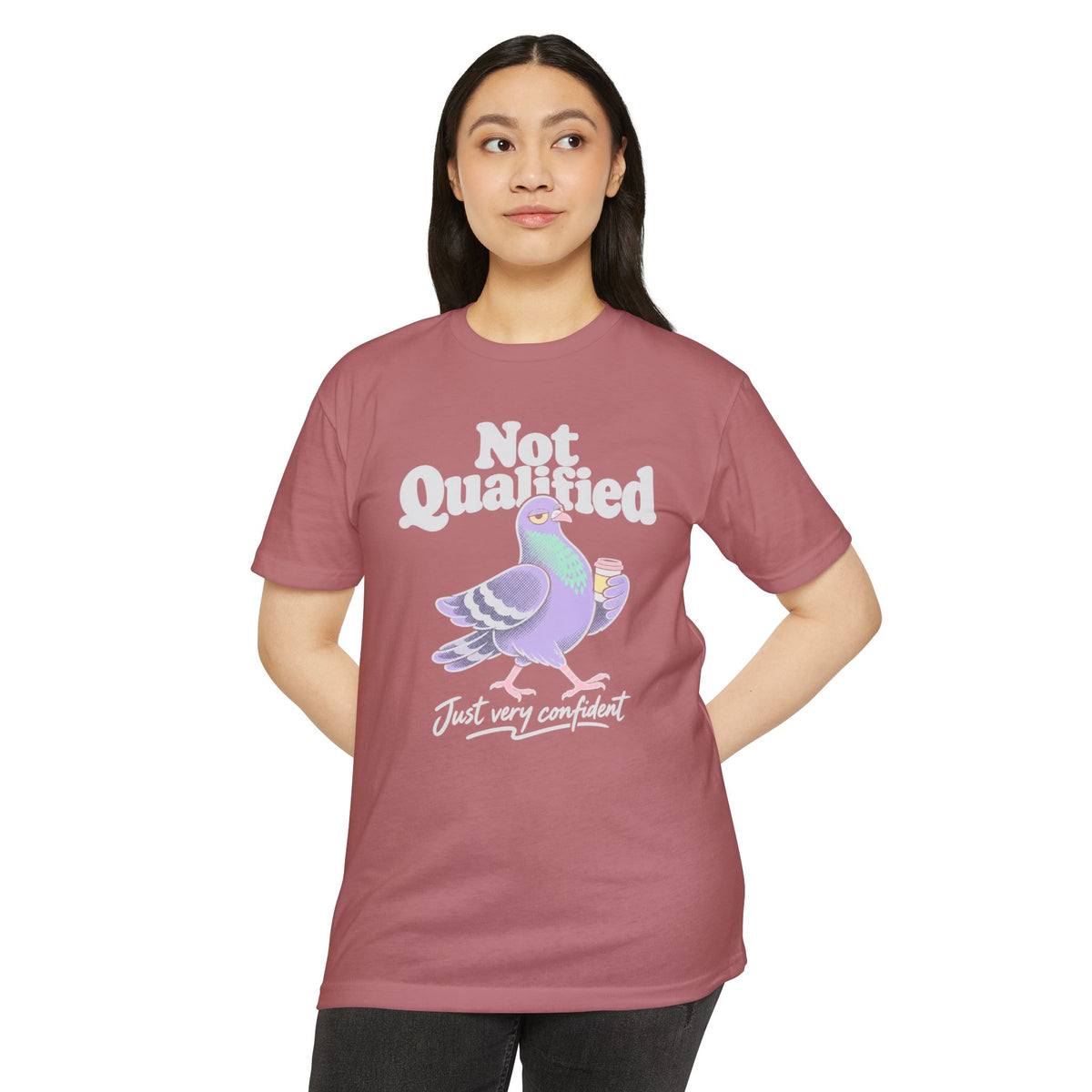 Maroon crew-neck T-shirt with "Not Qualified" pigeon graphic