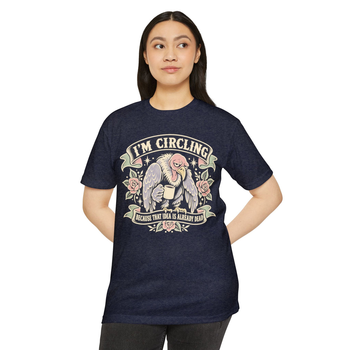 Dark navy graphic T-shirt with vulture and roses, 'I'M CIRCLING' slogan