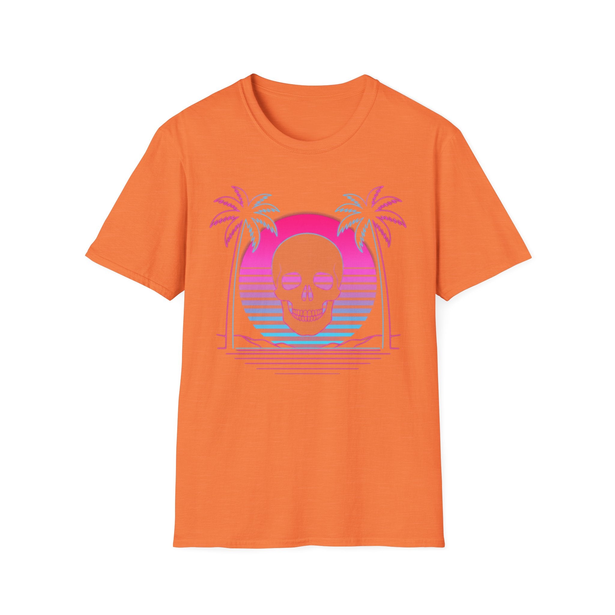 Orange T-shirt with vaporwave skull graphic, palm trees and sunset arch design