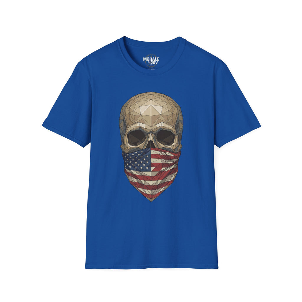 Geometric skull T-shirt with American flag bandana print on royal blue crewneck