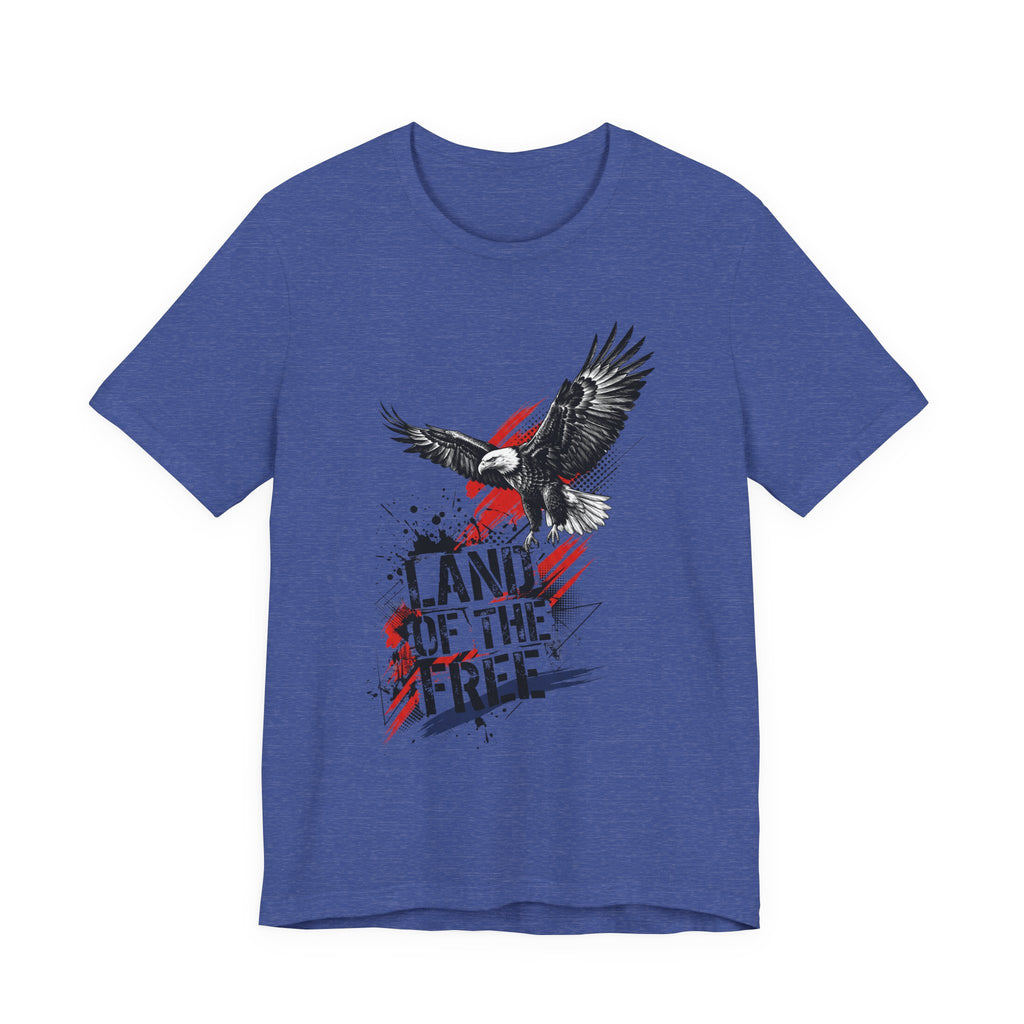 Royal blue eagle graphic t-shirt with distressed "Land of the Free" text and flag accents