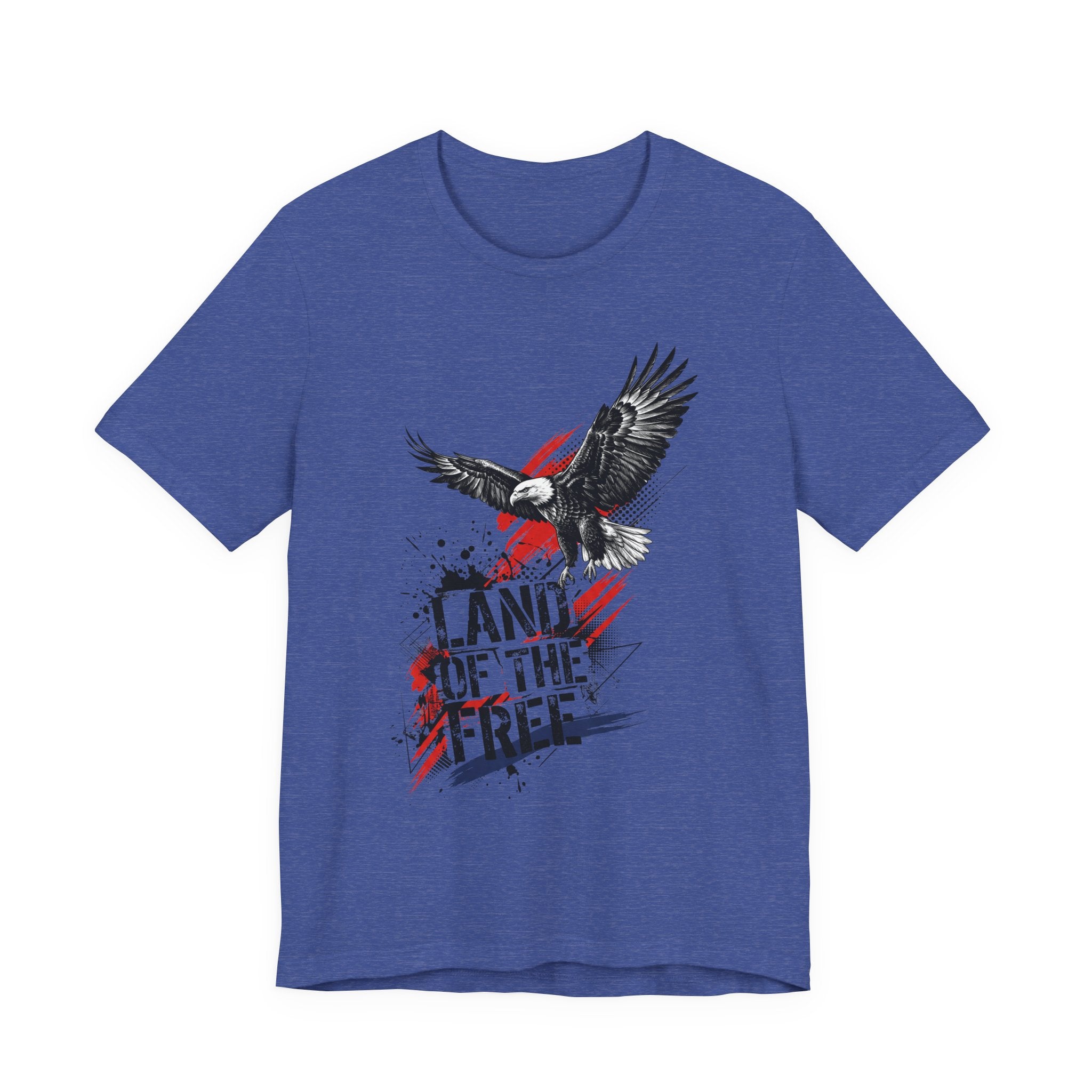 Royal blue eagle graphic t-shirt with distressed "Land of the Free" text and flag accents